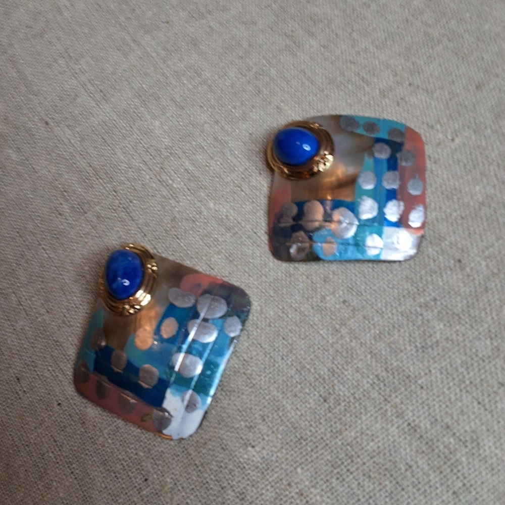 Boutique Blue Cabochon Resin Statement Earrings Gold Tone Geometric Dangle - Picture 4 of 9